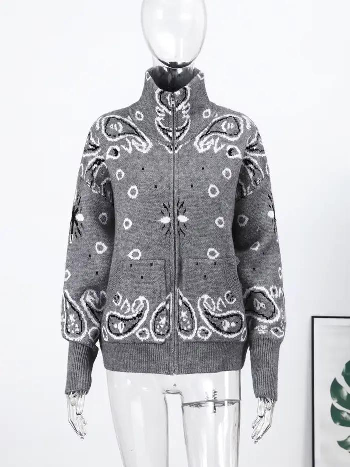 Cardigan Jacquard décontracté pour femmes, ample, col montant, poches zippées, pull assorti avec tou