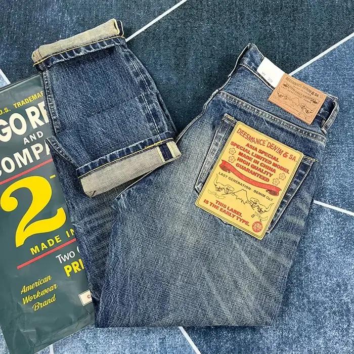 Jean en denim lisière rouge lourd pour hommes, Raped Washed, DistMurcia, pantalon bleu droit, améric