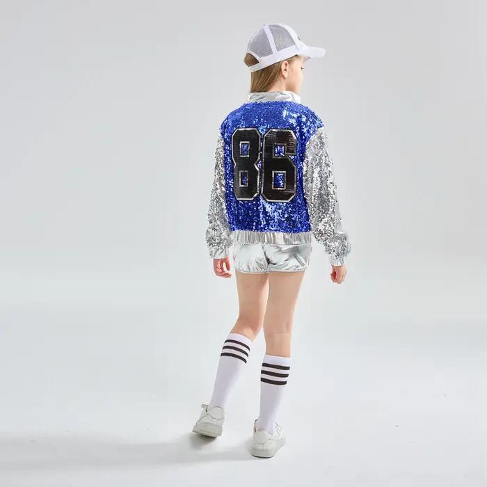 LOlanta 4-14 ans filles rose paillettes Crop Tops short veste Costume de danse Hip Hop moderne Jazz