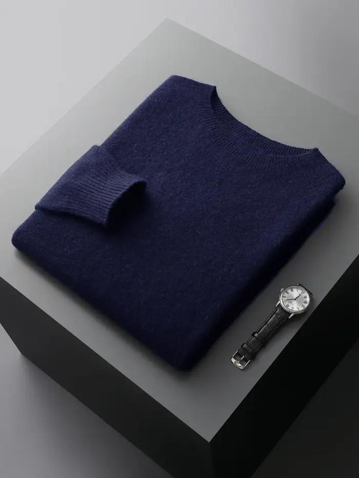 Pull basique en laine sans couture pour homme, col rond, couleur unie, 100% laine mérinos, tricot dé