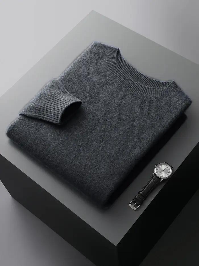 Pull basique en laine sans couture pour homme, col rond, couleur unie, 100% laine mérinos, tricot dé