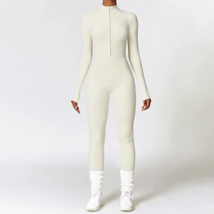 Vêtements de sport une pièce à manches longues pour femmes, barboteuse de Yoga à fermeture éclair, c