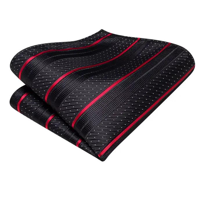 Cravate de mariage rayée noire et rouge pour homme, avec pochette de costume et boutons de manchette