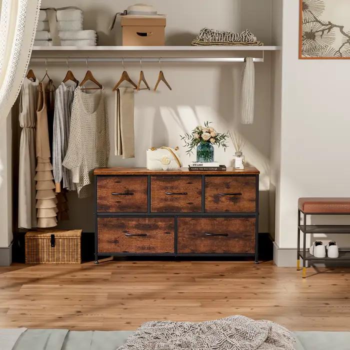 JHK salon vitrine couches avec 5 tiroirs en tissu armoire cadre en acier assemblage placard pour vêt