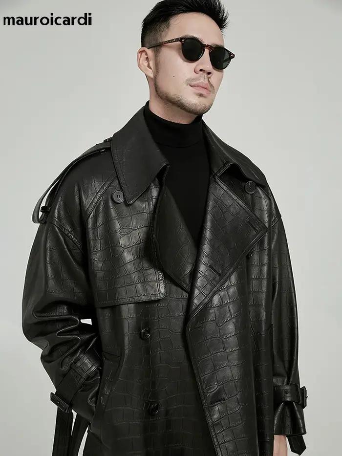 Mauroicardi printemps automne longue noir Crocodile imprimé Pu cuir Trench manteau hommes ceinture D