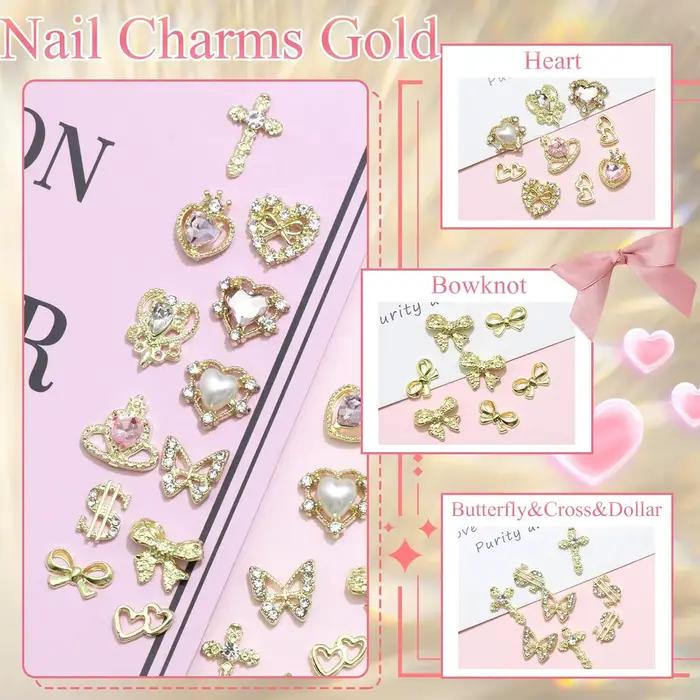 Breloques pour ongles en or, 12 formes, cœur doré, papillon 3D, croix en alliage d'or, signe d'argen