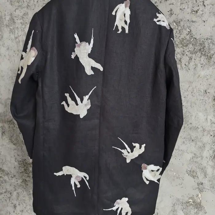 TOP-YAMAMOTO design original mélange de lin motif d'ange manteau à col ouest avec imprimé à manches