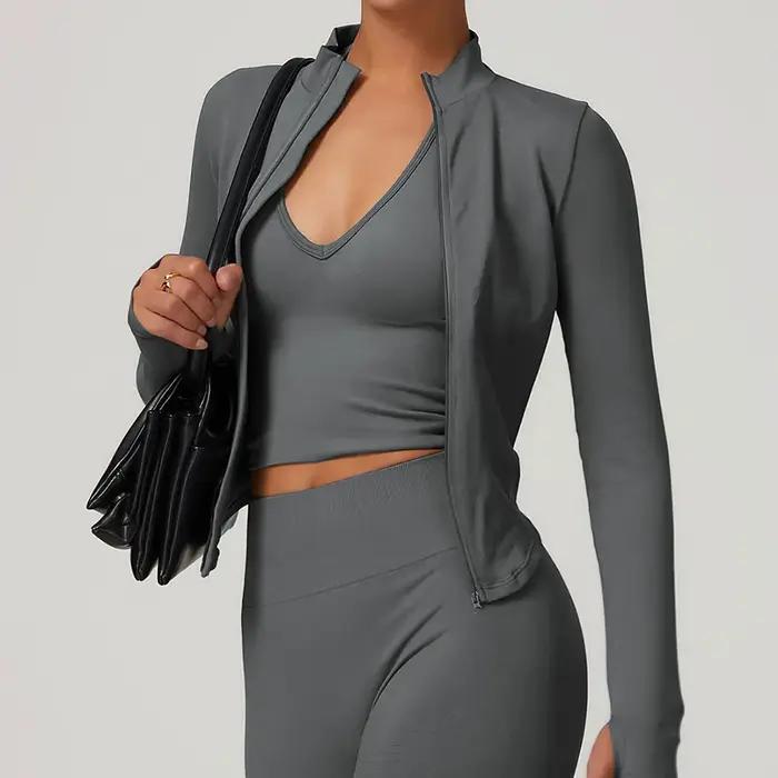 Veste Fermeture Eclair Femme Court Yoga Sport Solide Manches Longues Séchage Rapide Occasions Spéciales Activités Intérieures Extérieures