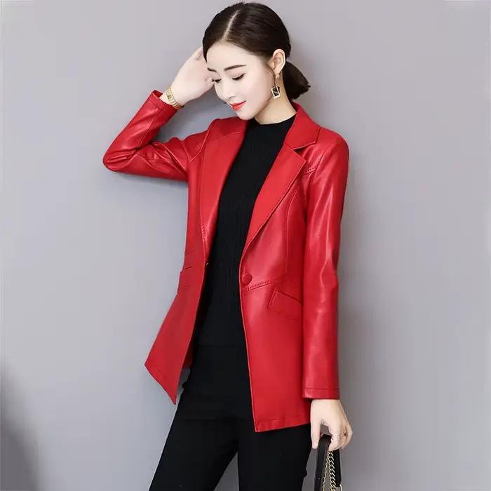 Nouveau Femmes Veste en cuir Automne Hiver Mode Classique Bouton unique Slim Blazer en cuir de mouto