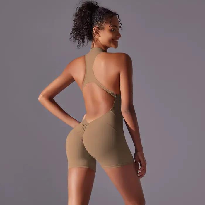 Body fitness femme dos nu push-up - Gymnastique yoga entraînement manches combinaison sport scrunch