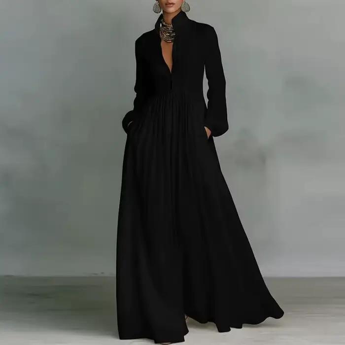Robe longue élégante à taille haute pour femme, style swing, avec poches, plissée, pour le printemps