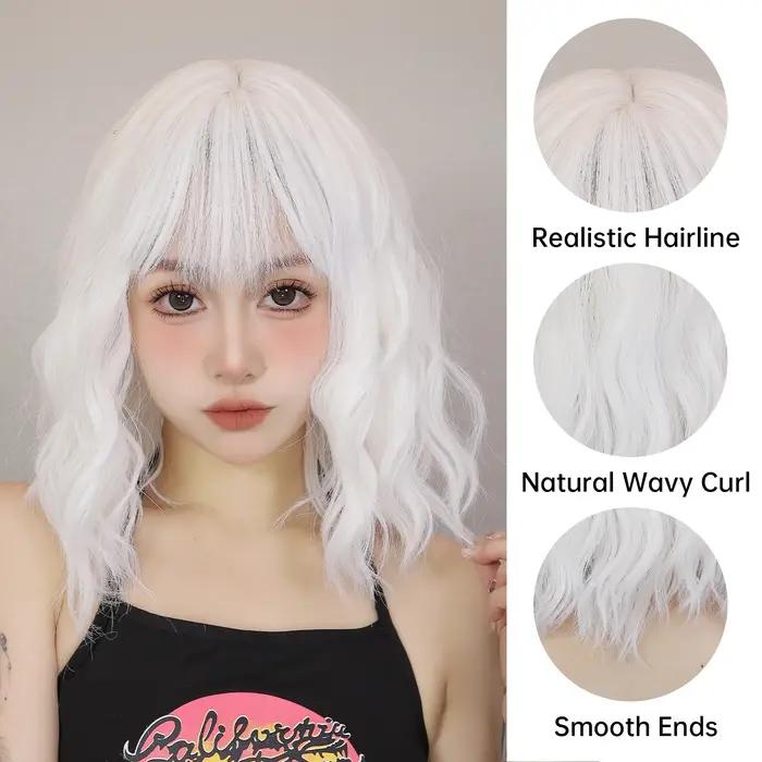 Perruque synthétique courte bouclée ondulée blanche, perruque Lolita blanche avec frange pour femmes