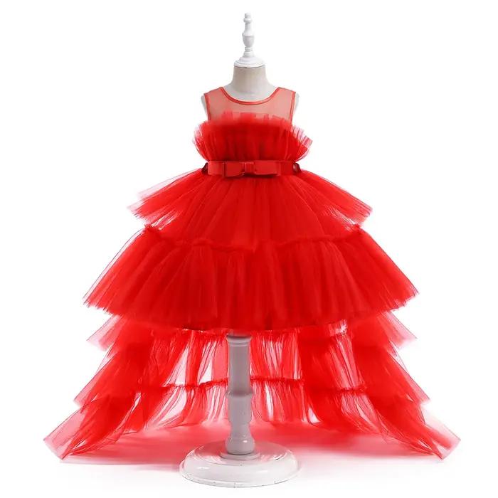 Robe à fleurs bouffante rouge en Tulle pour filles, robes de fête de première Communion pour enfants