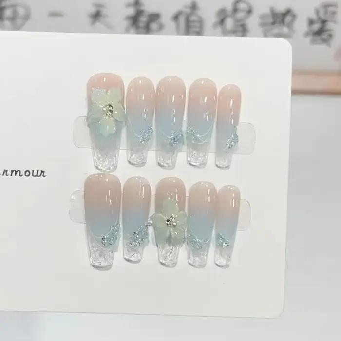 10 pièces Aurora oeil de chat presse à la main sur les ongles rose fleur de cerisier faux ongles fle