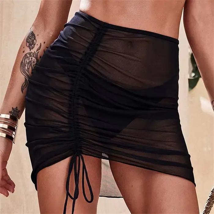 Nouveau Maillot de bain translucide jupe de plage maille cordon solide gaze jupe à volants surjupe b