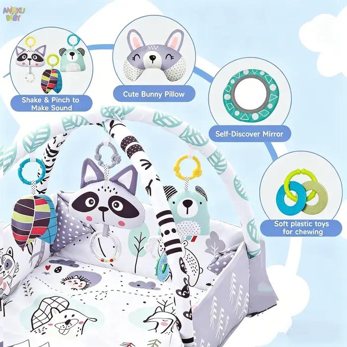 Tapis de jeu pour bébé 4 en 1 avec jouets détachables gymnase éducatif pour bébés facile à installer et à nettoyer pour le développement moteur et sensoriel occasions spéciales naissance baptême