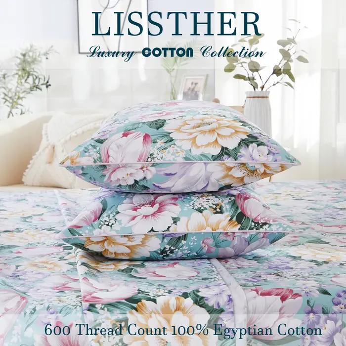 Ensemble de housse de couette 100% coton égyptien 600TC, 3 pièces, motif Floral de jardin rose paste