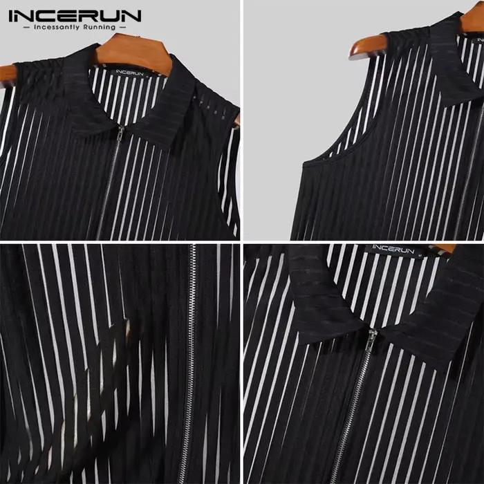 Mode Style décontracté hauts INCERUN hommes rayure verticale Perspective gilet à glissière Sexy mâle