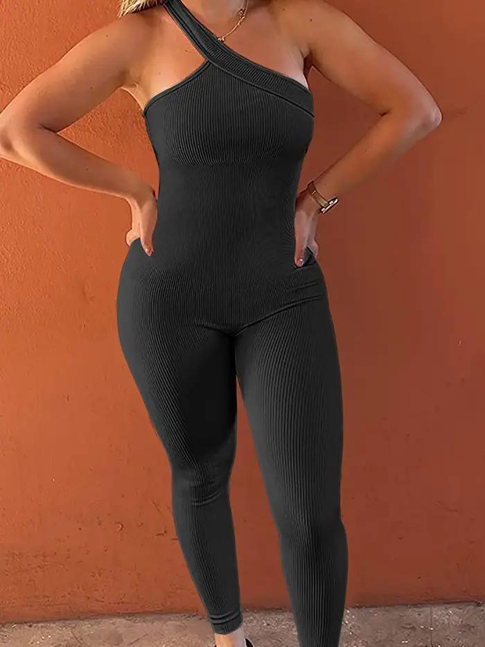 Combinaisons de Yoga pour femmes, côtelées, asymétrique épaule dénudée, une pièce, Sport, couleur un
