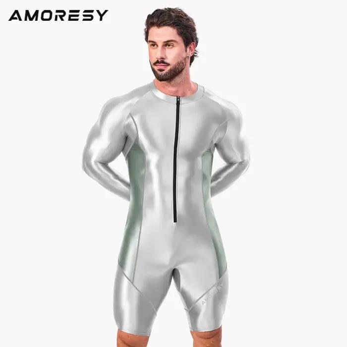 AMORESY hommes brillant avant fermeture éclair une pièce à manches longues collants Spandex maillot