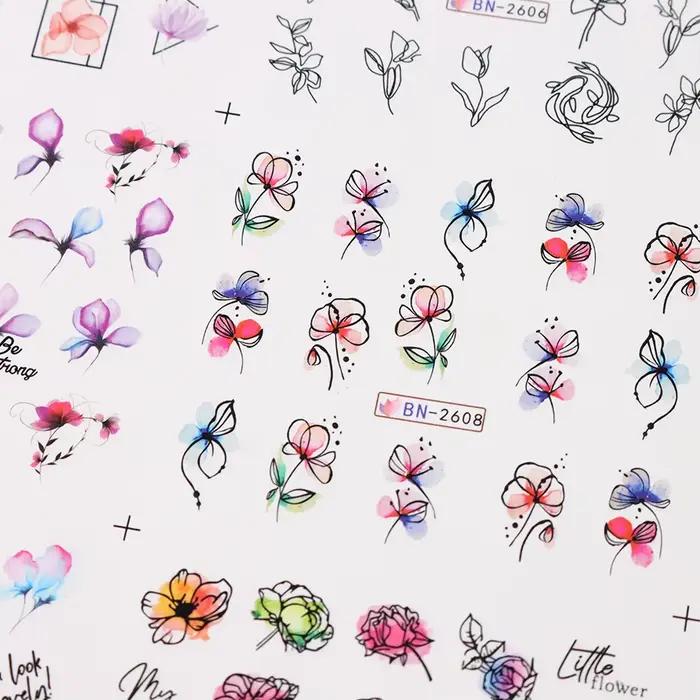 Autocollant de fleurs d'encre pour Nail Art, 12 pièces, décalcomanie d'eau d'été, fleurs en fleurs,