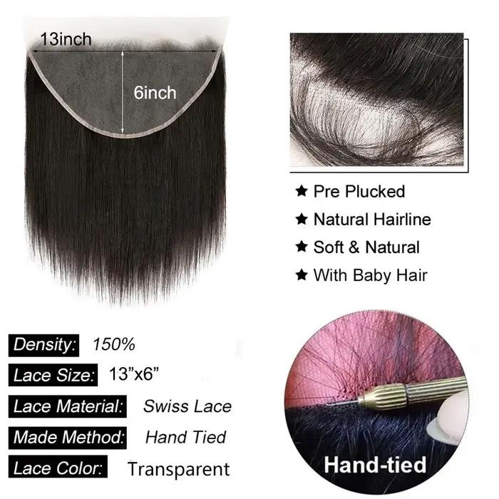 Extensions de cheveux naturels lisses avec Lace Closure, 4x4, 5x5, 6x6, 13x4, 13x6, Extensions front