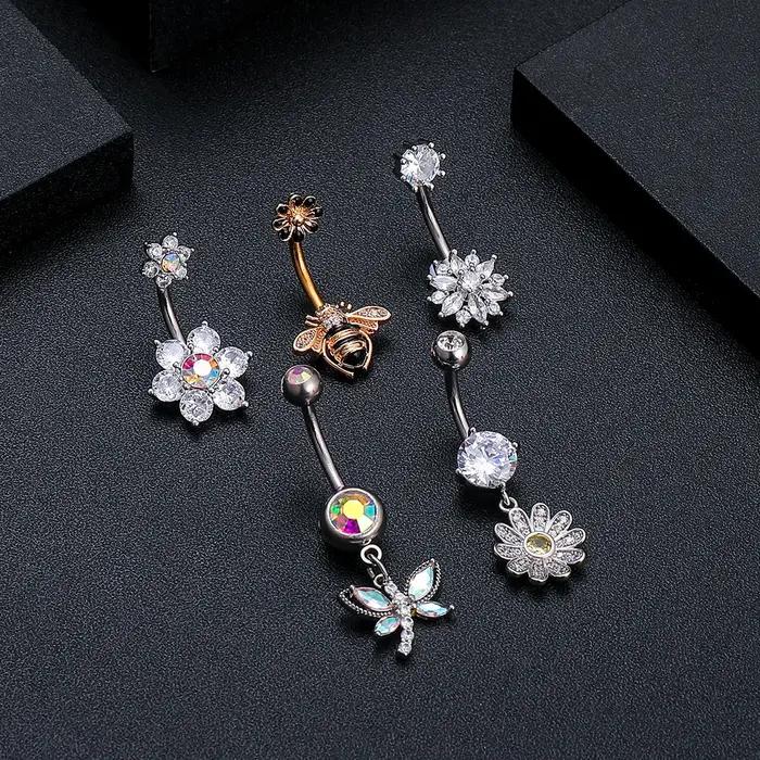 6 pièces longue fleur suspendue papillon abeille Nombril anneau ensembles couleur or corps Nombril P