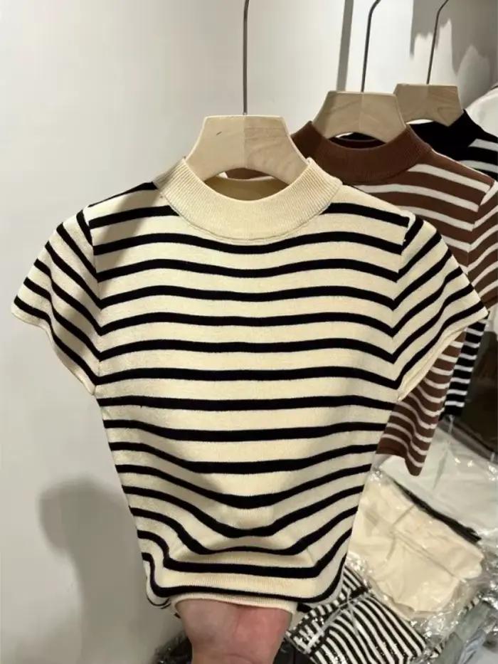 Pull à col roulé rayé pour femme, haut ajusté, chemise à manches courtes, début du printemps et de l