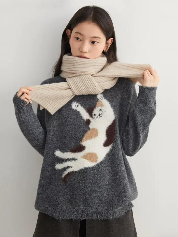 CHIC VEN femmes chandails ample décontracté O cou tricoté dessin animé chat chaud tricot pull femme