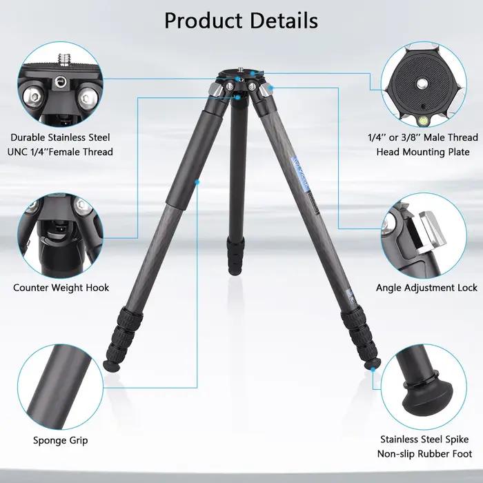 ELK 158cm Compact Carbon Fiber Trépied 32mm Tube rapDuty Camera Travel Trépied pour appareil photo r