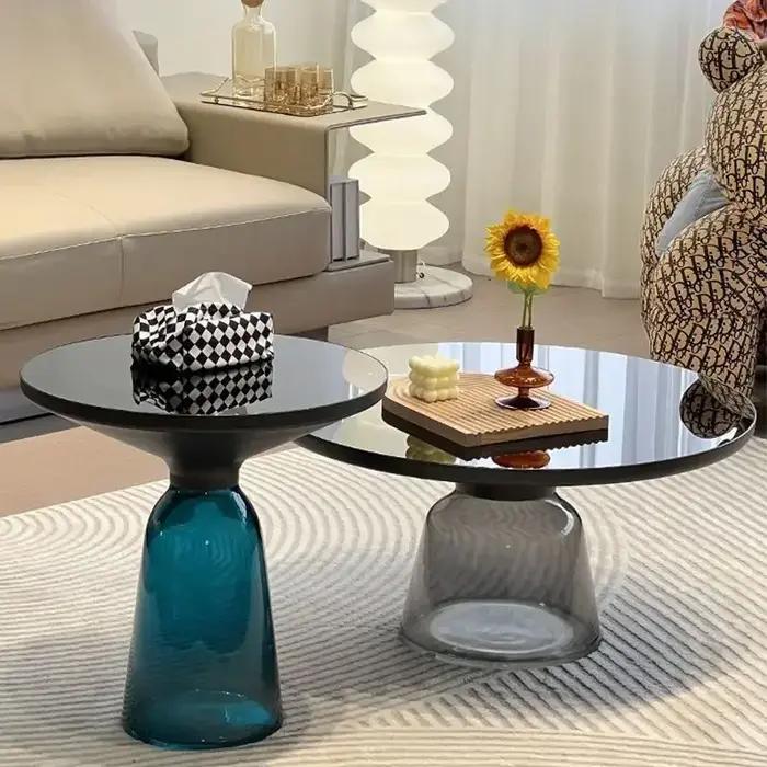 Table Basse Transparente en Verre Coloré pour Salon, Ronde, Haut de Gamme