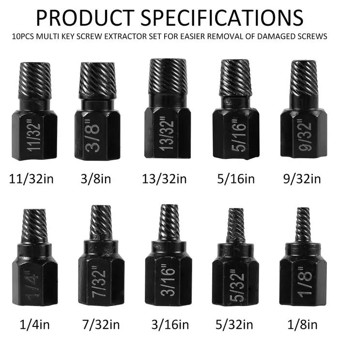 Kit d'extracteur de vis en acier allié, 10 pièces, dissolvant de vis endommagé, ensemble métallique,