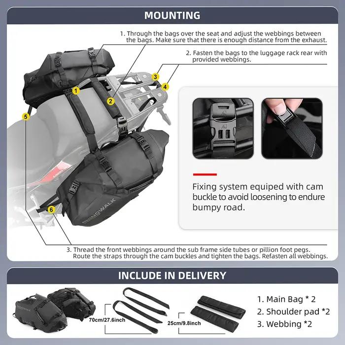 Sac selle moto Rhinowalk 18L étanche - Bagage latéral 9L+9L pour Honda Suzuki Yamaha KTM