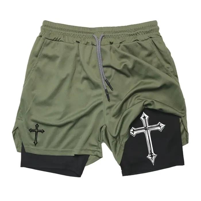 Short d'entraînement 2 en 1 imprimé croisé avec doublure de compression pour homme, short athlétique