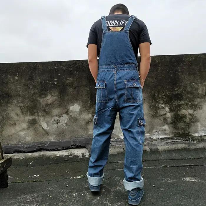 Combinaison Salopette pour Homme, Grande Taille, Bretelles Droites, Jean Bleu avec 7 Poches