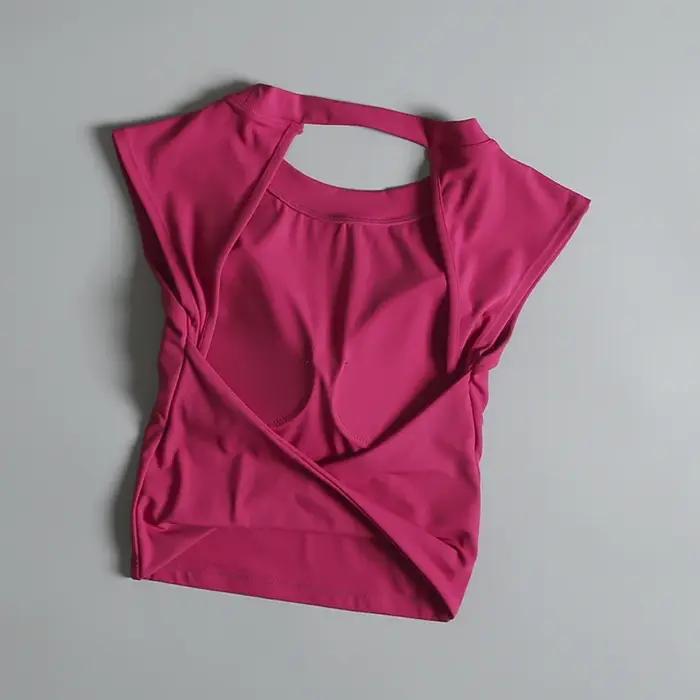 Sexy court dos nu fixe coussin de poitrine sport T-shirt gilet femmes ajustement serré séchage rapid