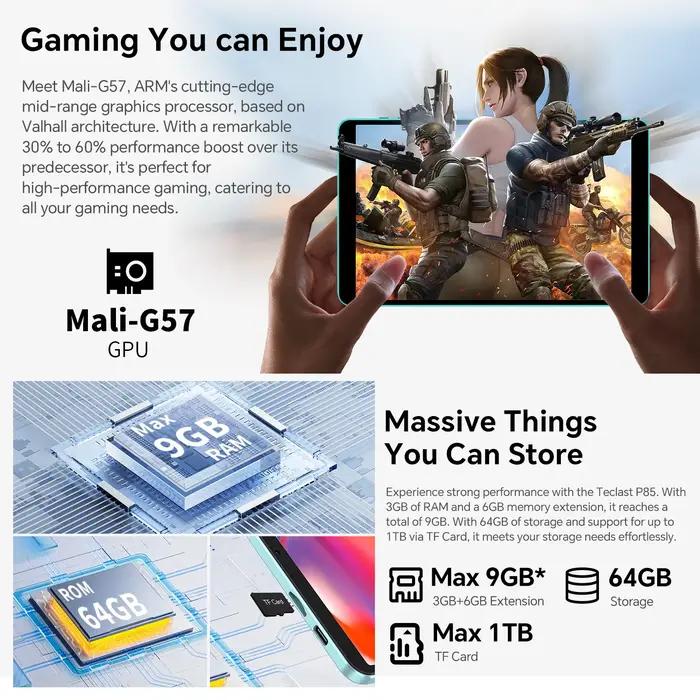 Teclast P85 Android 15 tablette 8 pouces IPS 3 + 6GB RAM 64GB ROM A333 5 cœurs Widevine L1 Wi-fi 6 t