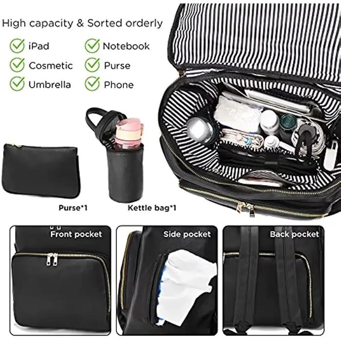 Sac à dos à langer en cuir pour femme, sac à dos de voyage pour bébé, grande capacité avec sangles d