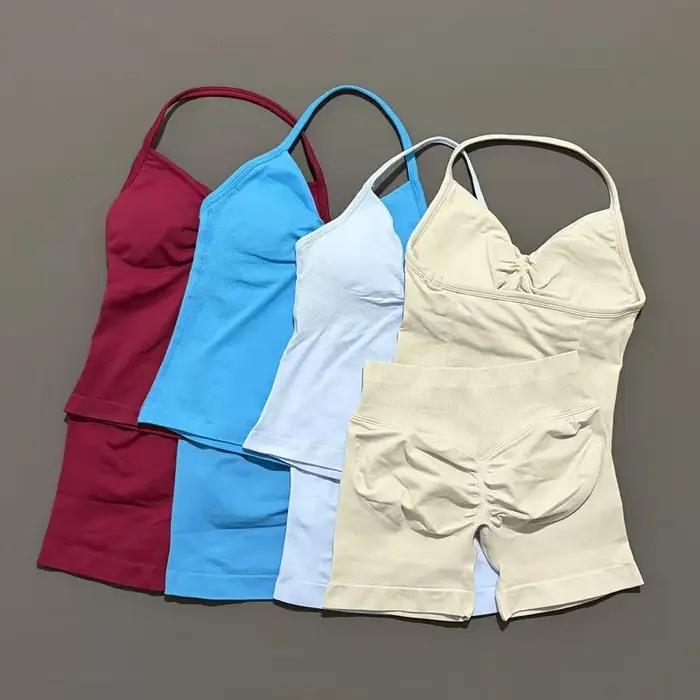 Yoga 2 pièces ensemble de gymnastique femmes dos nu haut à licou taille haute sans couture Shorts co
