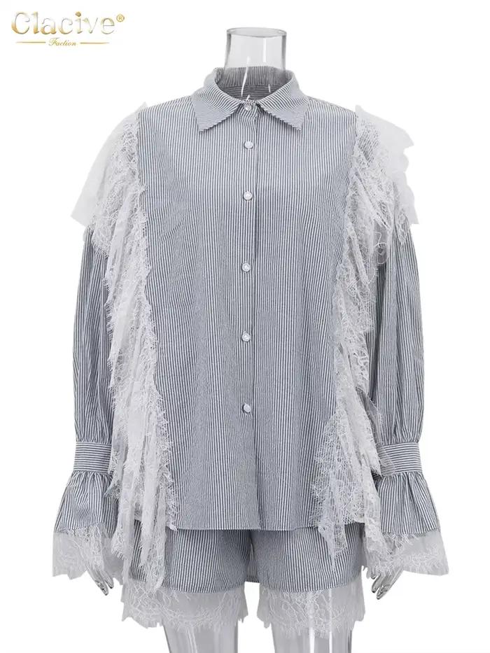 Clacive mode ample gris rayure dentelle épissé femmes deux pièces ensemble élégant à manches longues