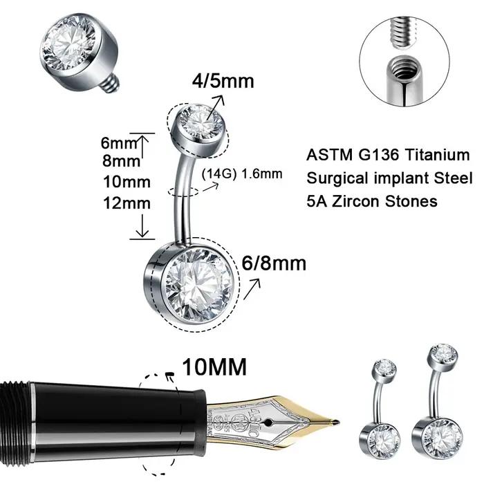 Anneau de nombril rond en titane G23 5A, Zircon CZ, bijoux de corps, ensemble de lunette filetée int