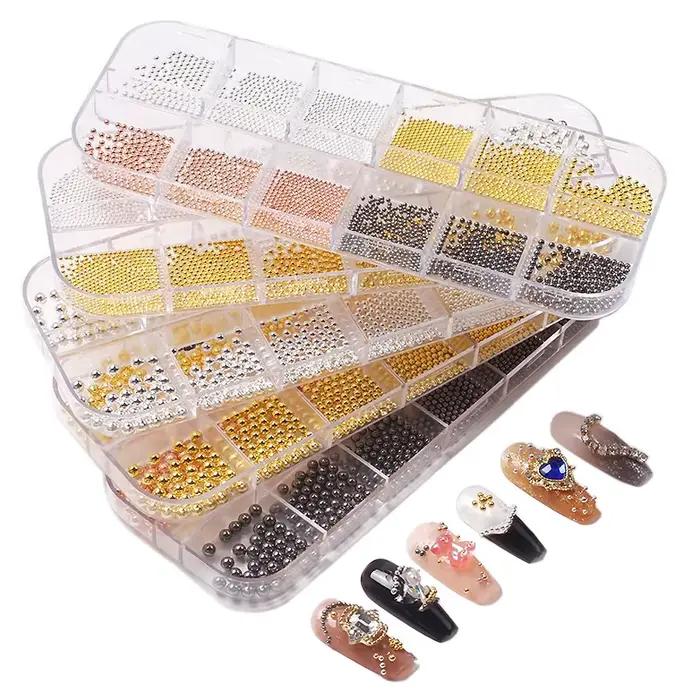 Perles de Caviar à 12 compartiments, accessoires métalliques pour Nail Art, perles en métal avec boî