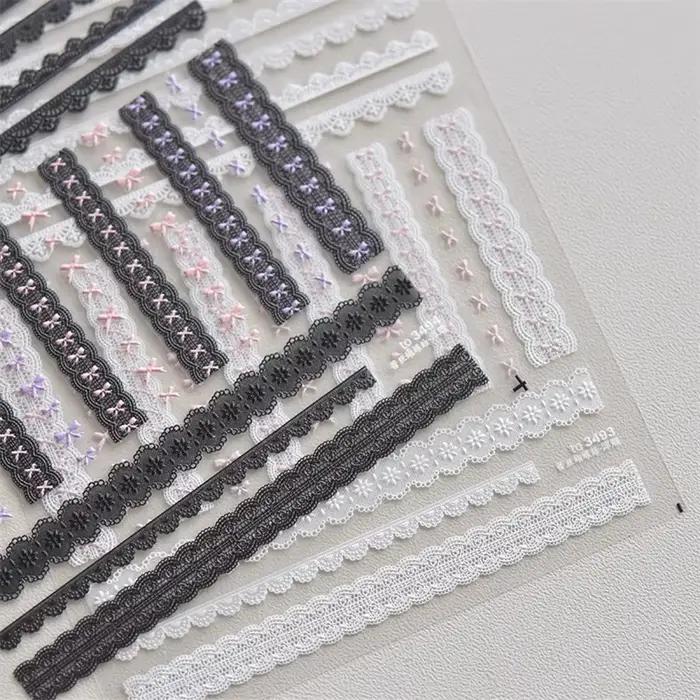 Autocollants en dentelle pour ongles, 1 pièce, motif cœur d'amour, rose, blanc, noir, auto-adhésif,