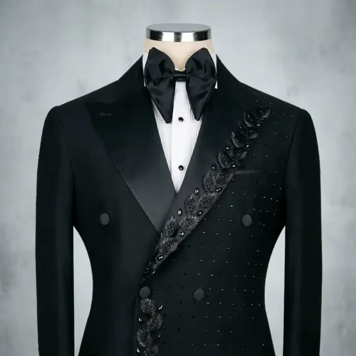 Costume Homme Perlé Brodé Noir Texturé Croisé Coupe Slim Formel pour Mariage, Bal de Promo, Dîner, S