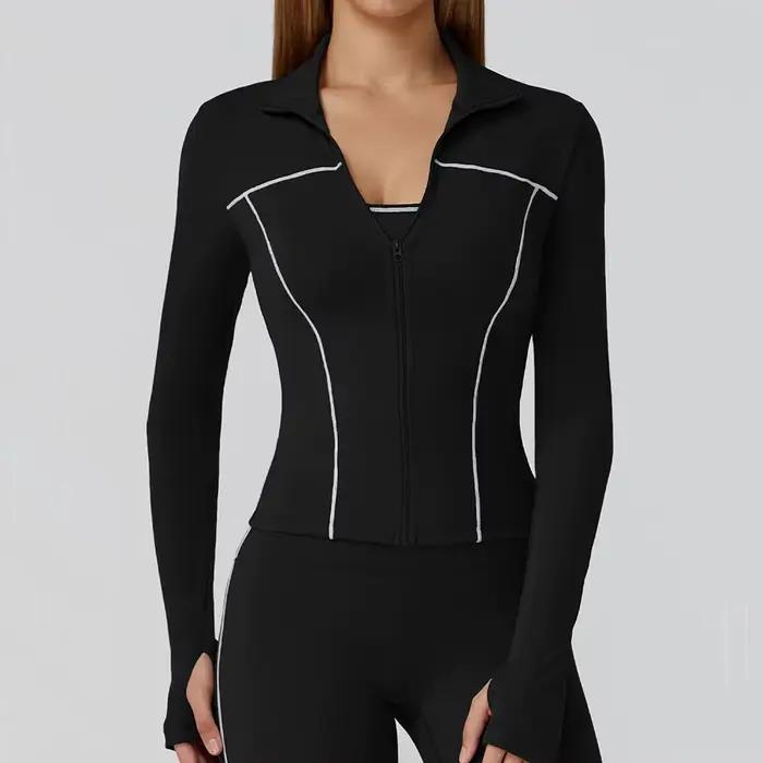 Veste de yoga et de sport pour femmes manches longues polyester stretch haute performance pour entraînement course gymnastique activités extérieures
