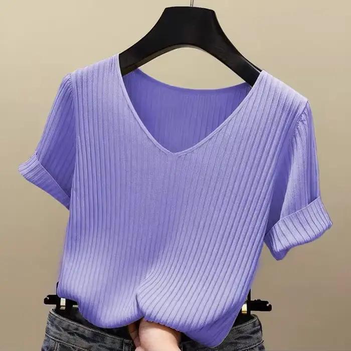 AOSSVIAO 2026 Pull basique à col en V uni fin pour femme, pull côtelé tricoté fin à manches courtes