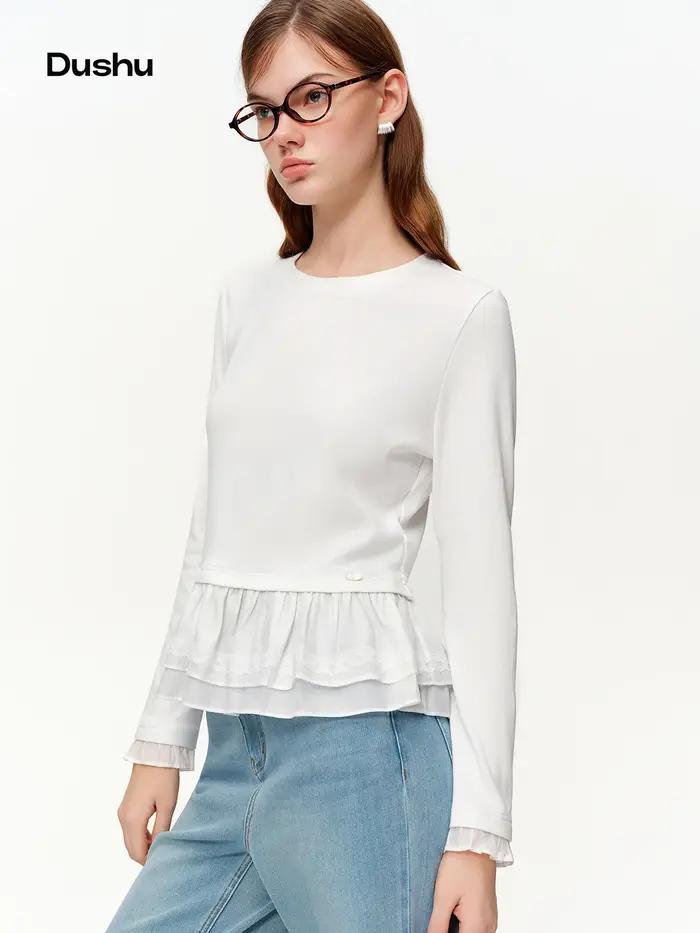 DUSHU – T-Shirt tricoté à col rond et bordure à volants pour femme, couche de Base à Texture côtelée