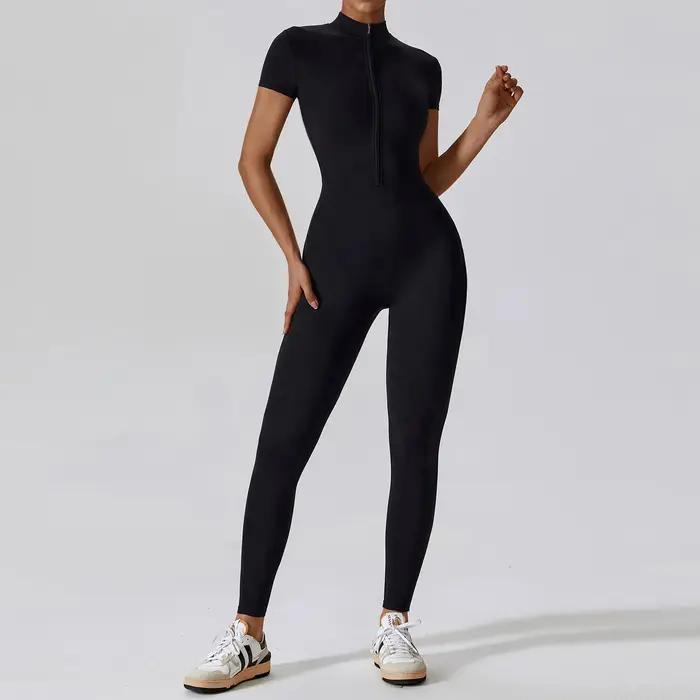Ensemble de Yoga, combinaisons une pièce pour femmes, fermeture éclair, manches courtes, vêtements d