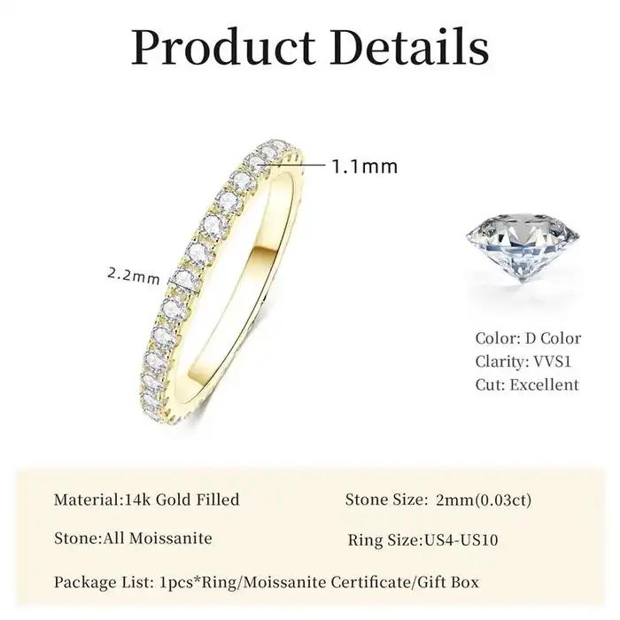 Bague de mariage en or 14 carats pour femmes, certifiée couleur D VVS1, bague d'éternité en moissani