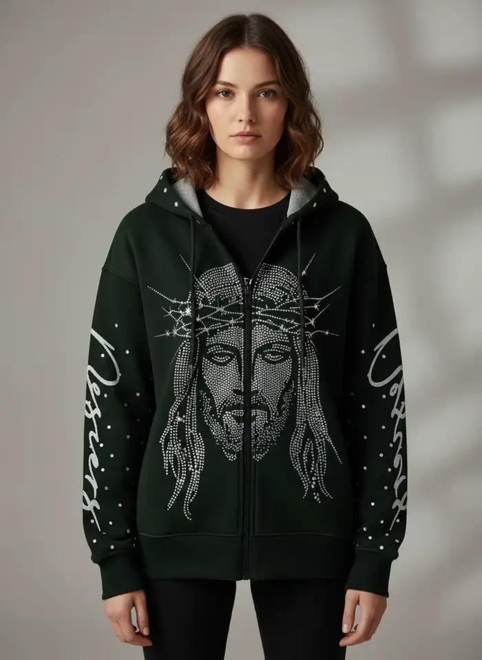 Un sweat à capuche ample avec un motif tridimensionnel de figures incrustées de diamants dans le sty